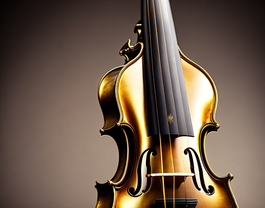 Detailed close-up of violin on gradient background showcasing curves, strings, and f-holes with warm glow