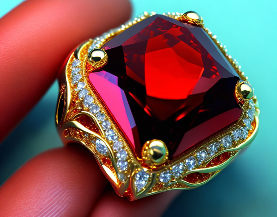 Luxurious Gold Ring with Red Gemstone and Diamond Accents