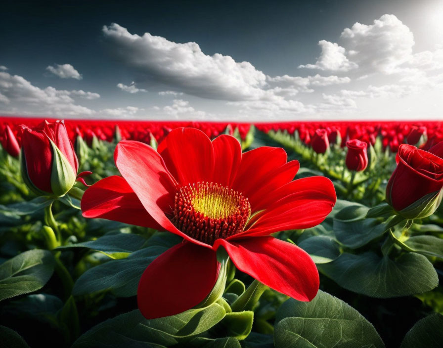 Vibrant red flower in full bloom among tulip field under dramatic sky