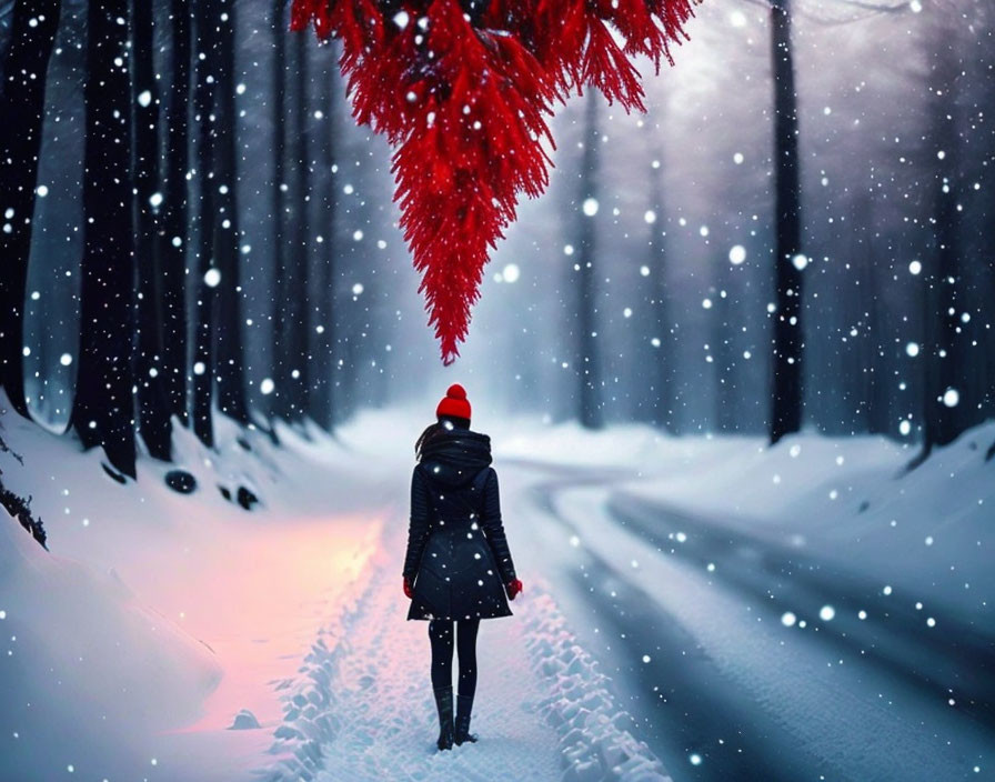 Person in red hat walking snowy path lined with tall trees