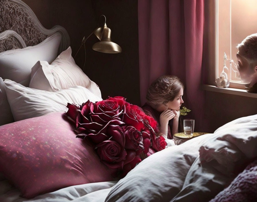 Person on Bed Clutching Bouquet, Looking Out Window