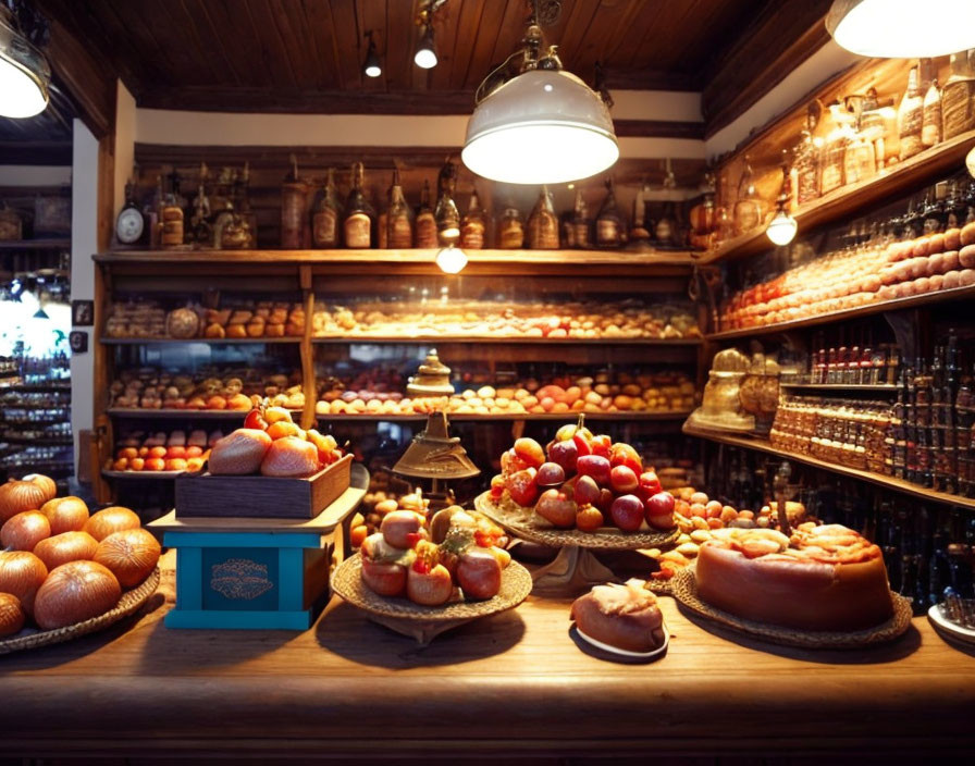 Warmly lit bakery interior with wooden shelves and baked goods.