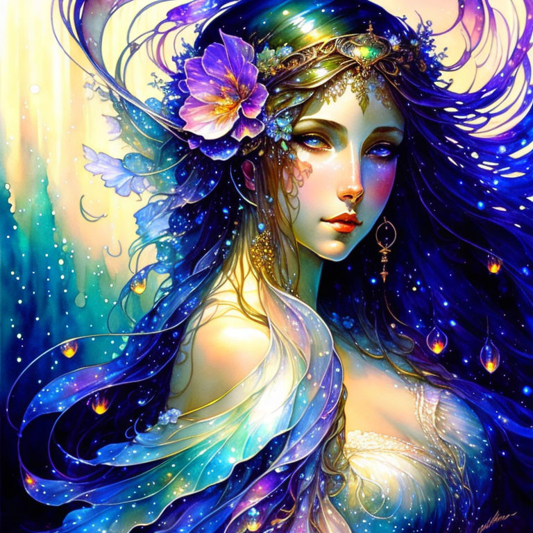 Fantasy illustration: Woman with blue hair, flowers, and golden jewelry.