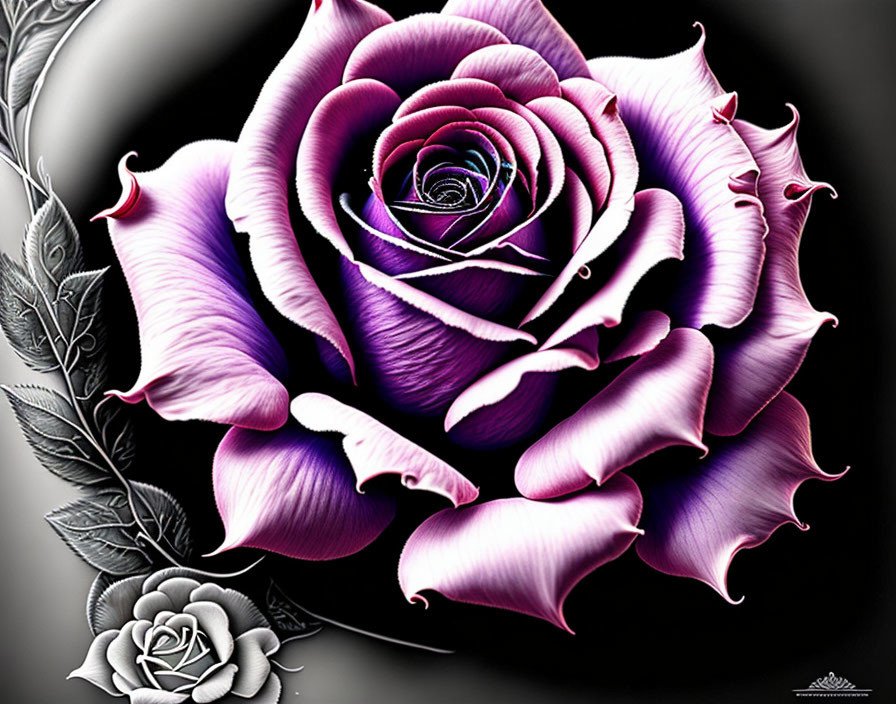 Detailed Purple and Pink Rose Artwork with Dew Drops and Grayscale Leaves