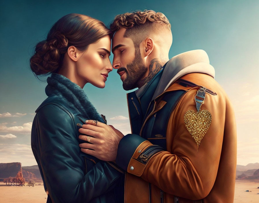 Illustration of man and woman embracing in desert landscape