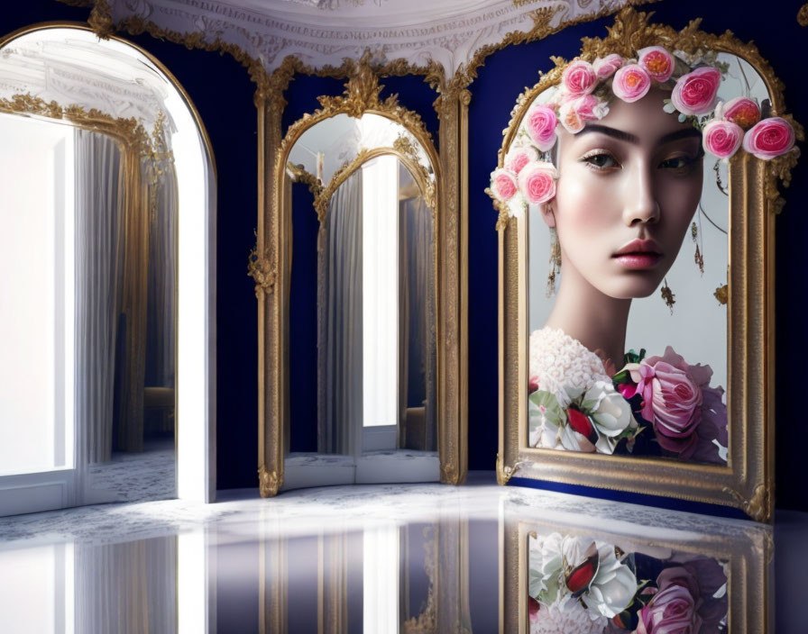 Woman with Floral Headdress Reflected in Ornate Mirror in Luxurious Room