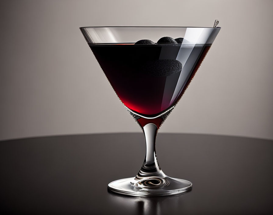 Dark red drink in martini glass with black olives on skewer, reflective surface, gradient background