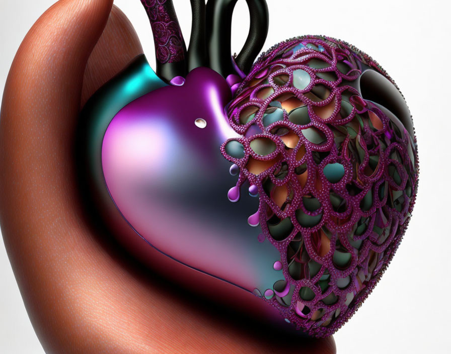 Intricate 3D illustration of glossy apple with lacy cutout pattern