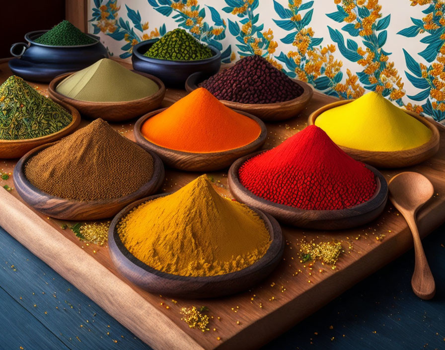 Vibrant spices on wooden board with patterned backdrop