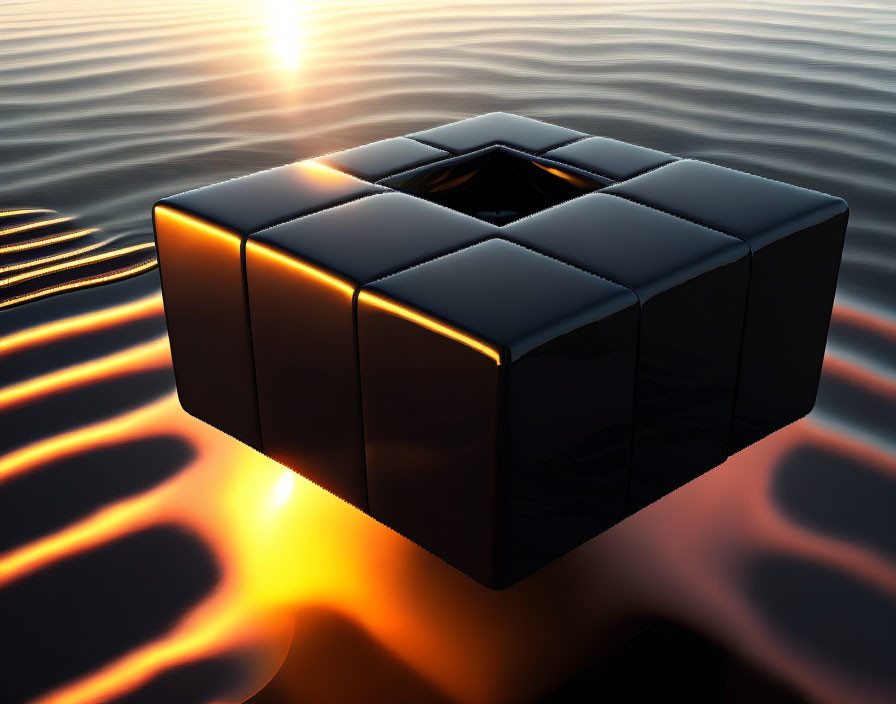 Black Rubik’s Cube-like Object Floating on Reflective Water at Sunset