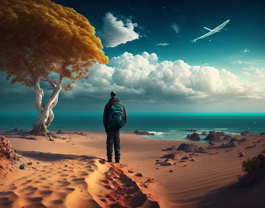 Person on sand dune admiring surreal landscape with tree, vibrant sky, plane, ocean, and