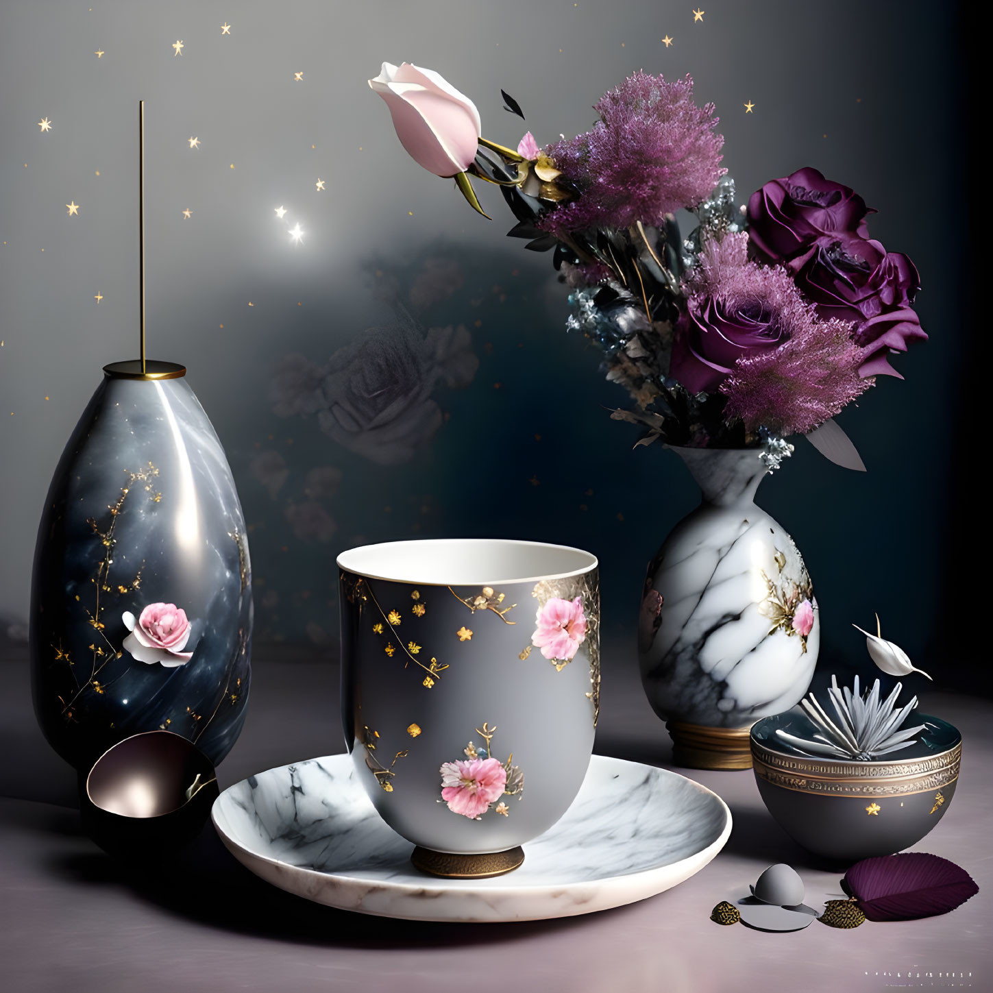Floral and Starry Motif Homeware Collection on Dark Background
