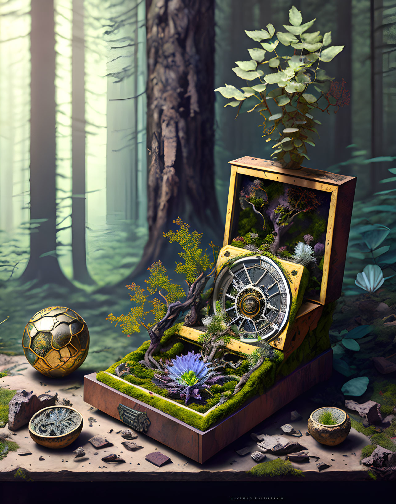 Detailed artwork: treasure chest with miniature forest, waterwheel, golden sphere, and trinkets in