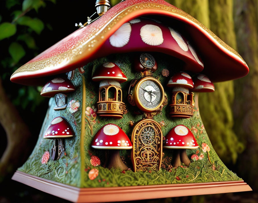 Ornate Mushroom House with Clocks and Greenery