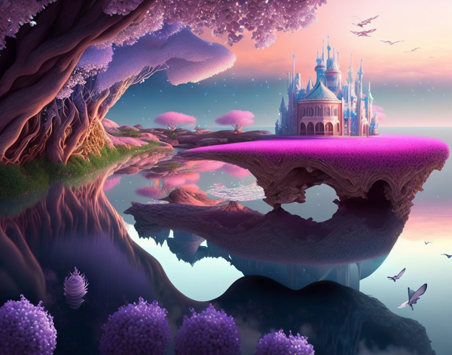 Fantastical landscape with purple tree, whimsical castle, and floating landmasses