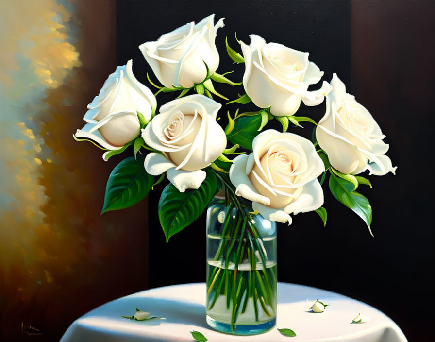 Realistic white roses painting in clear vase on table with fallen petals