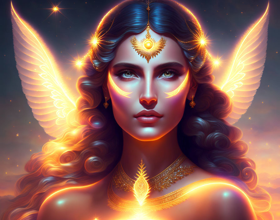 Fantasy illustration of woman with glowing eyes and angel wings.