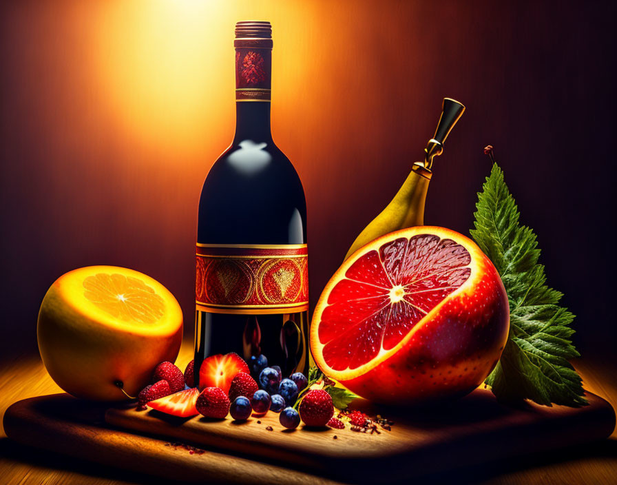 Still-life composition with wine bottle, citrus fruits, berries, and pear in warm moody backlight
