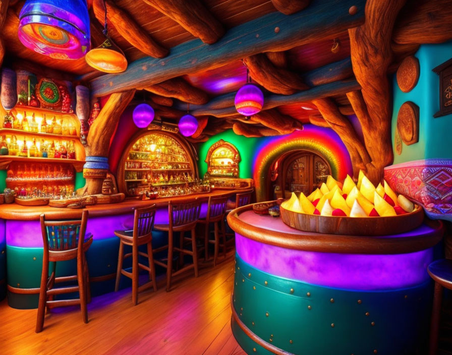 Vibrant themed bar interior with colorful lights and whimsical decor