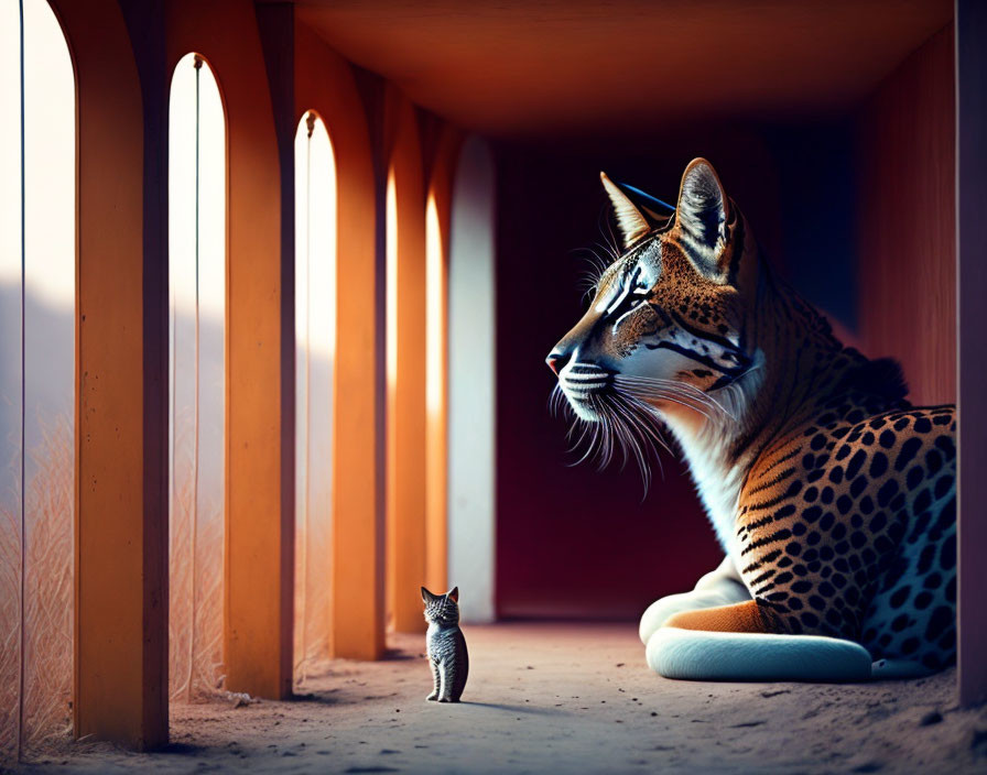 Majestic lynx with kitten in warm shelter gaze outward