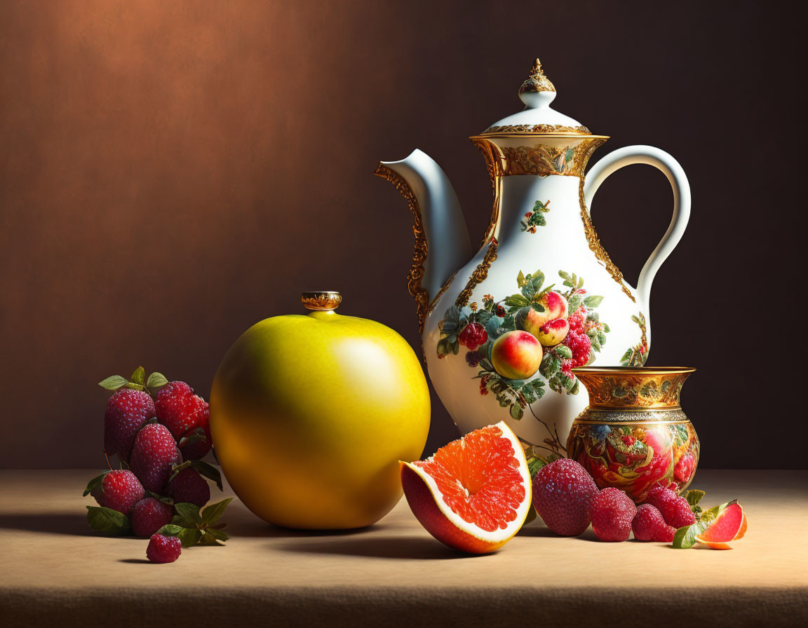 Floral-patterned porcelain teapot with fruits and cup on table