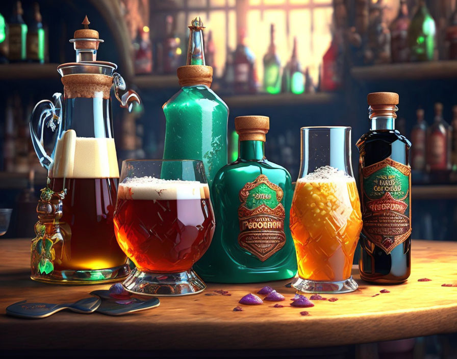 Colorful Fantasy-Themed Potion Bottles and Beer Glasses on Bar Background