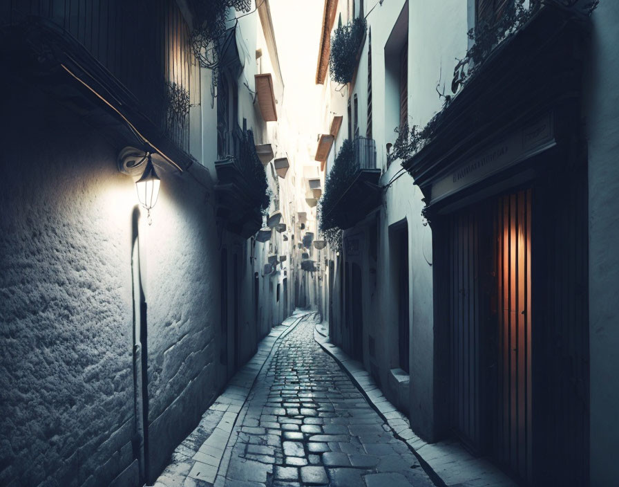 Cobblestone alley between white buildings at dusk