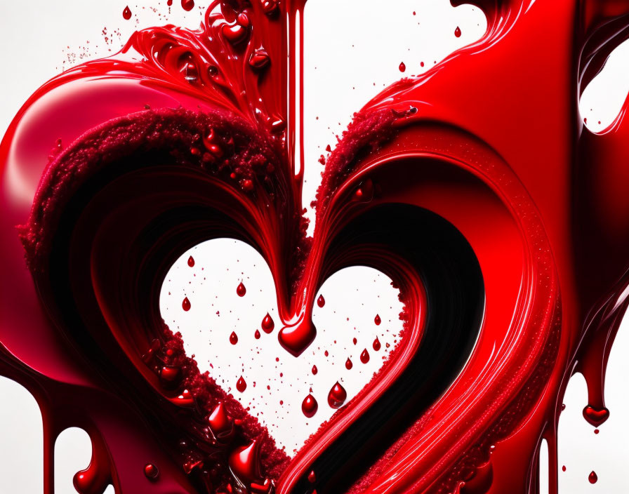 Red glossy heart shape with flowing liquid on white background