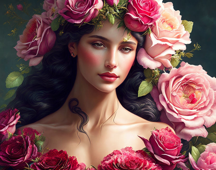 Digital painting of woman with blooming rose crown and serene gaze