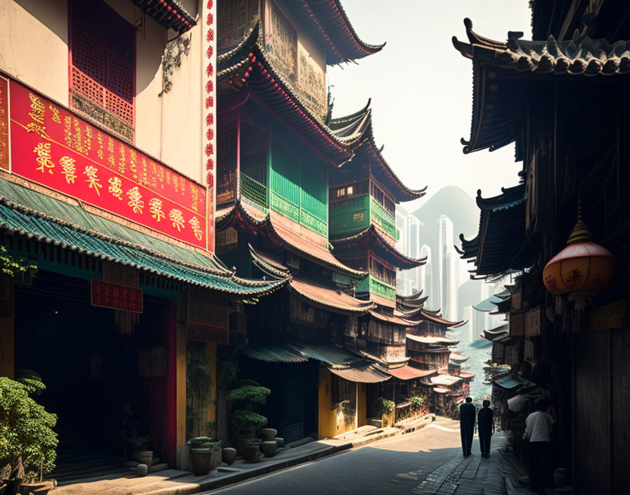 Ornate Traditional Asian Street with Misty Mountains