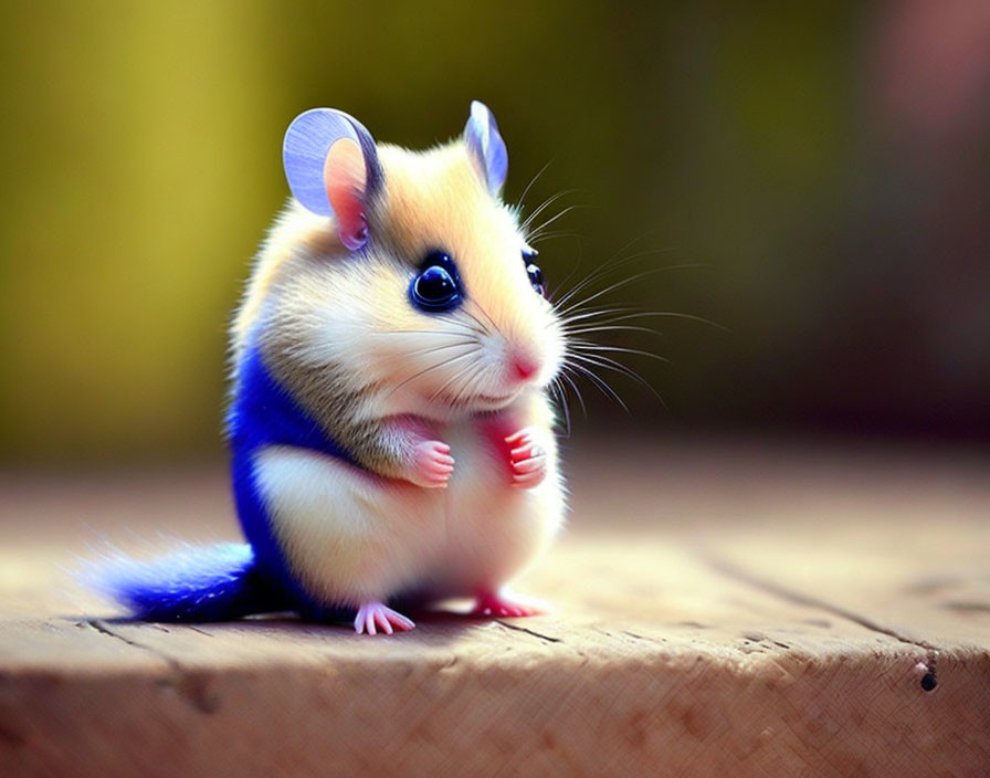 Adorable small hamster with white, tan, and dark fur on blue cap and wooden surface