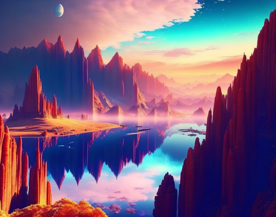 Vibrant pink and orange surreal landscape with towering rock formations and tranquil river