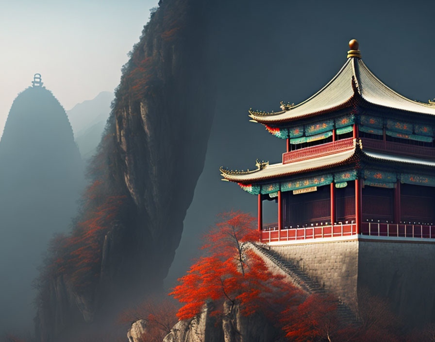 Traditional Asian Temple Surrounded by Red Foliage on Misty Mountainside