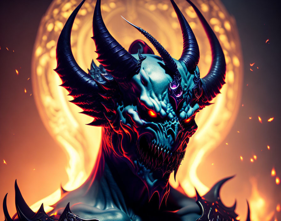 Sinister horned creature with glowing eyes and sharp fangs in fiery setting