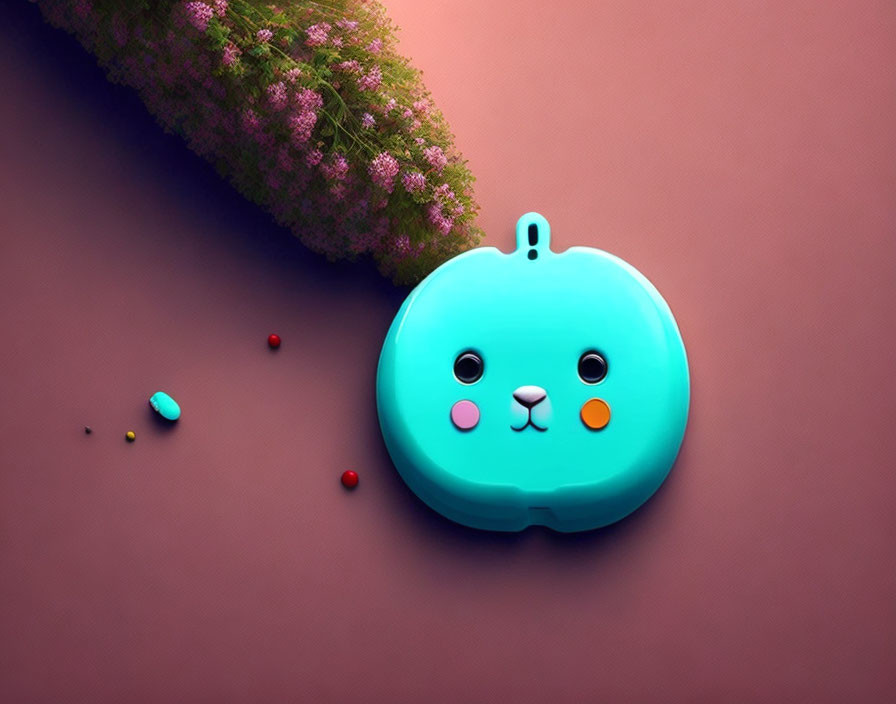 Blue Cat-Shaped Container on Pink Surface with Candies and Purple Flowers