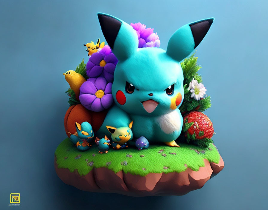 Vibrant 3D Pokémon illustration with blue Pikachu variant on floating island