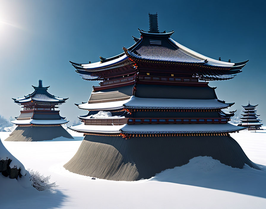 Snow-covered landscape with traditional pagodas in a clear blue sky