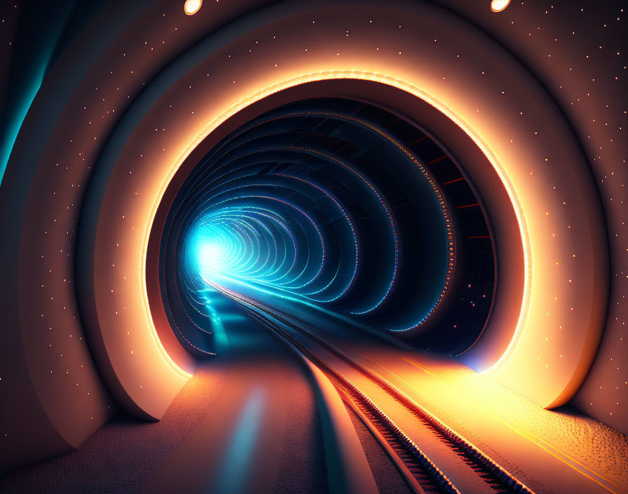 Futuristic tunnel with neon lights and glowing end