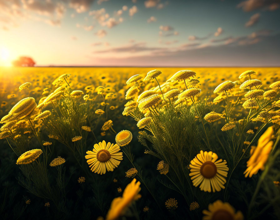 Vibrant yellow wildflowers in golden sunset glow