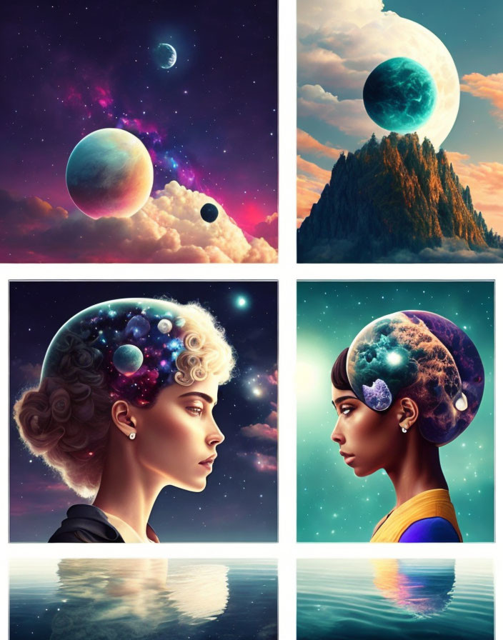 Cosmic digital art collage with vibrant planets and starry woman