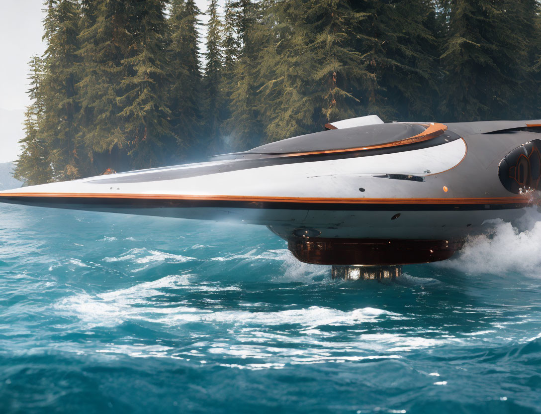 Futuristic yacht over water with forested coastline - advanced design and technology