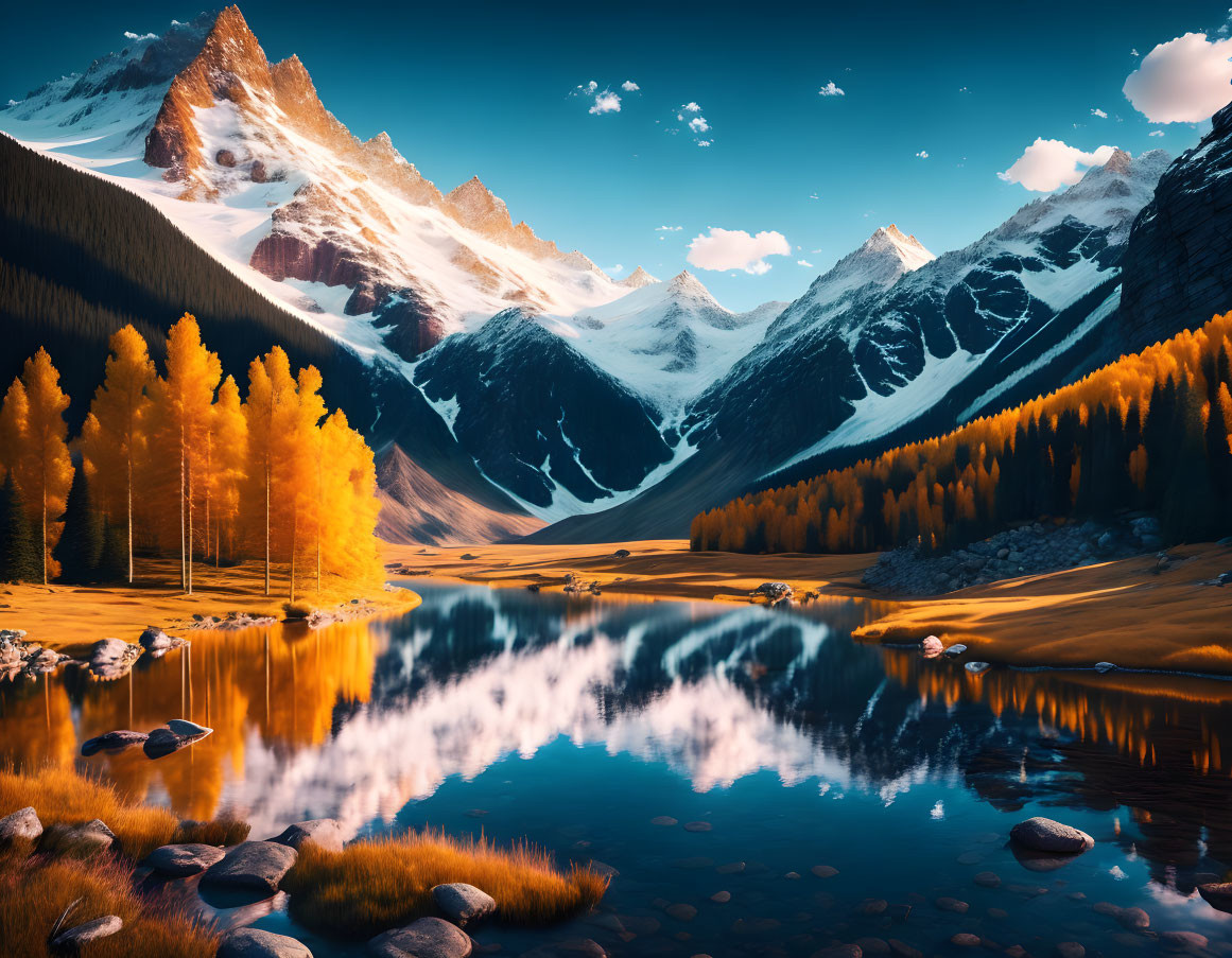 Snow-capped mountains reflected in serene lake with golden trees - scenic view