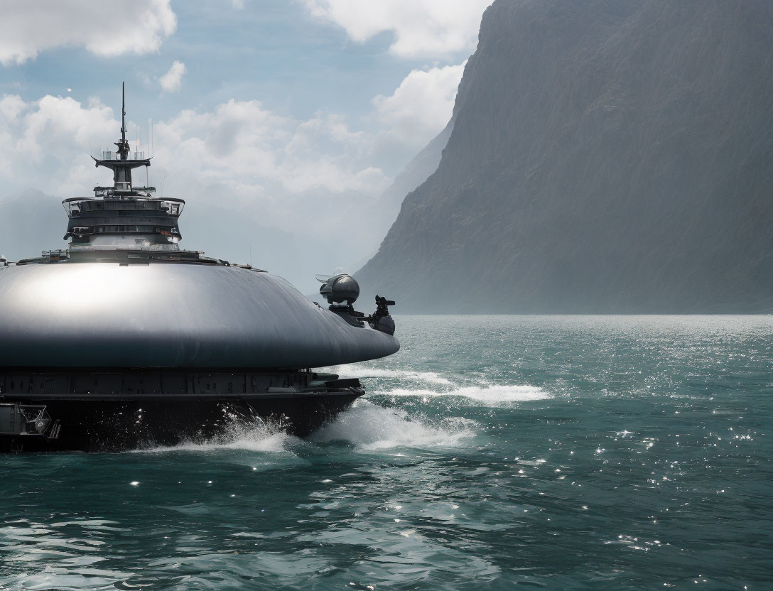 Modern ship sailing on misty mountain backdrop