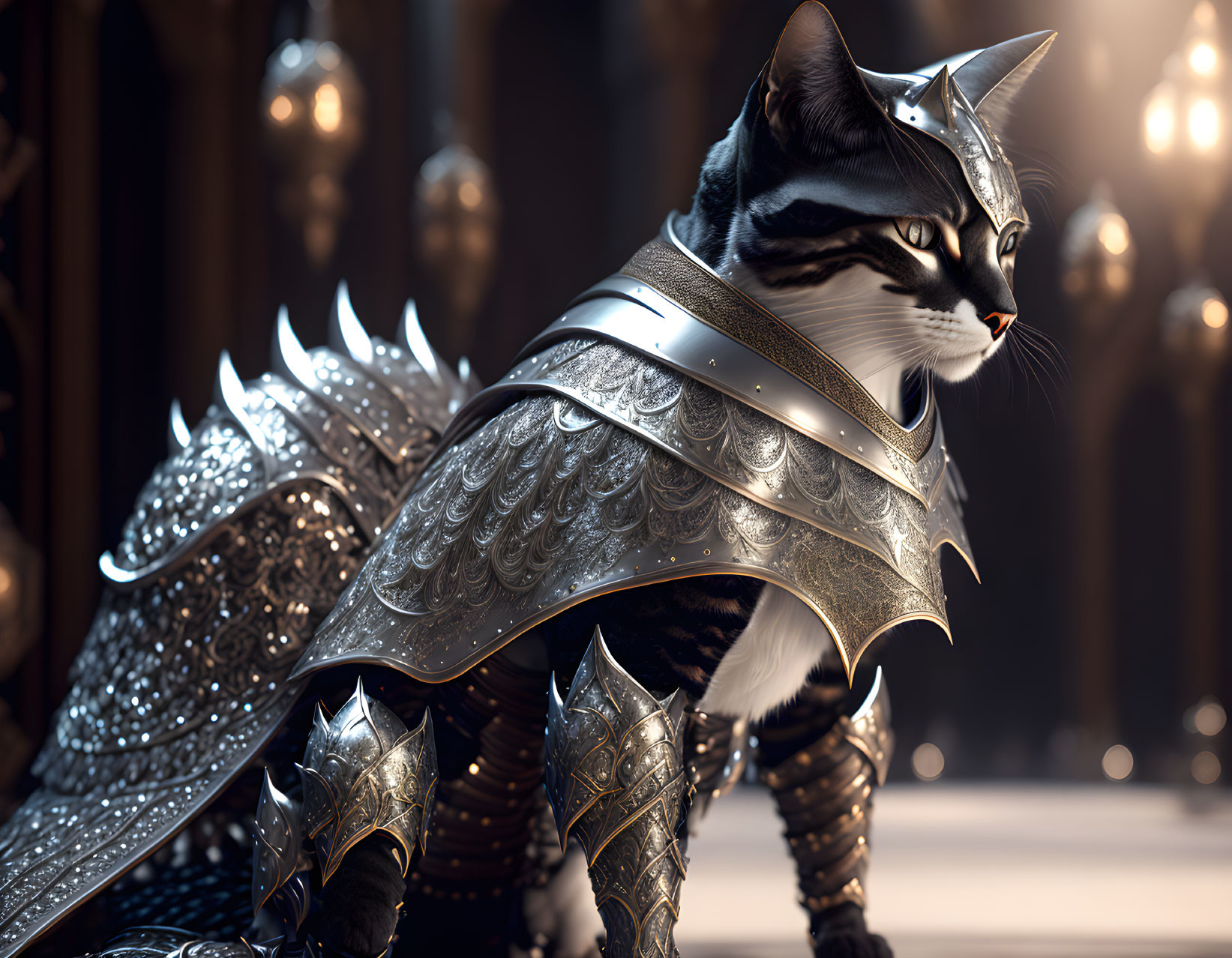 Medieval armor-clad cat in ornate setting.