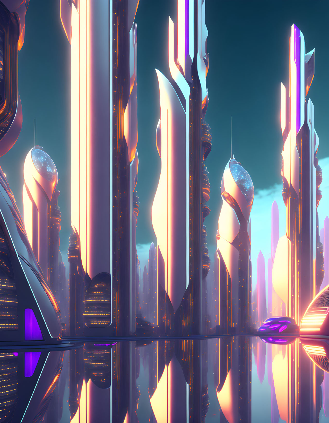 Futuristic neon-lit cityscape with skyscrapers at dusk