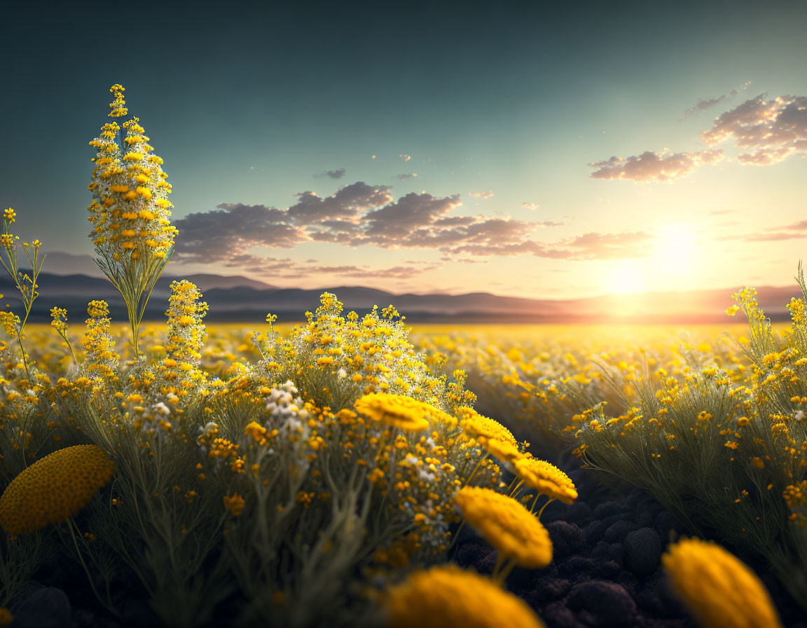 Vibrant yellow flowers field at sunset with mountain backdrop