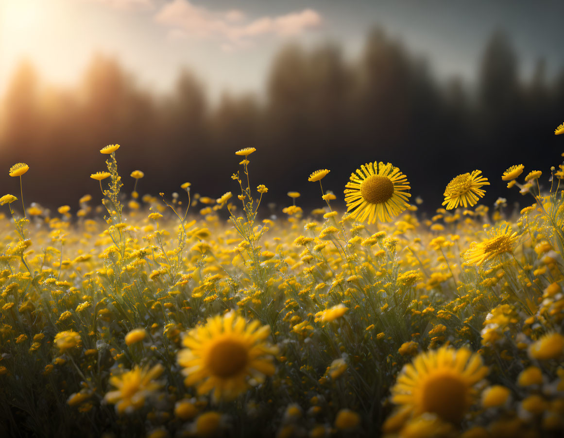 Scenic field of yellow daisies at sunset with forest silhouette