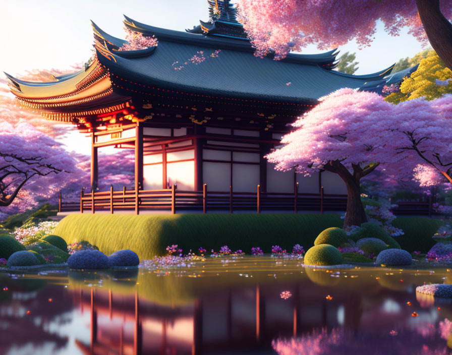 Japanese Temple Surrounded by Cherry Blossoms and Pond at Sunset