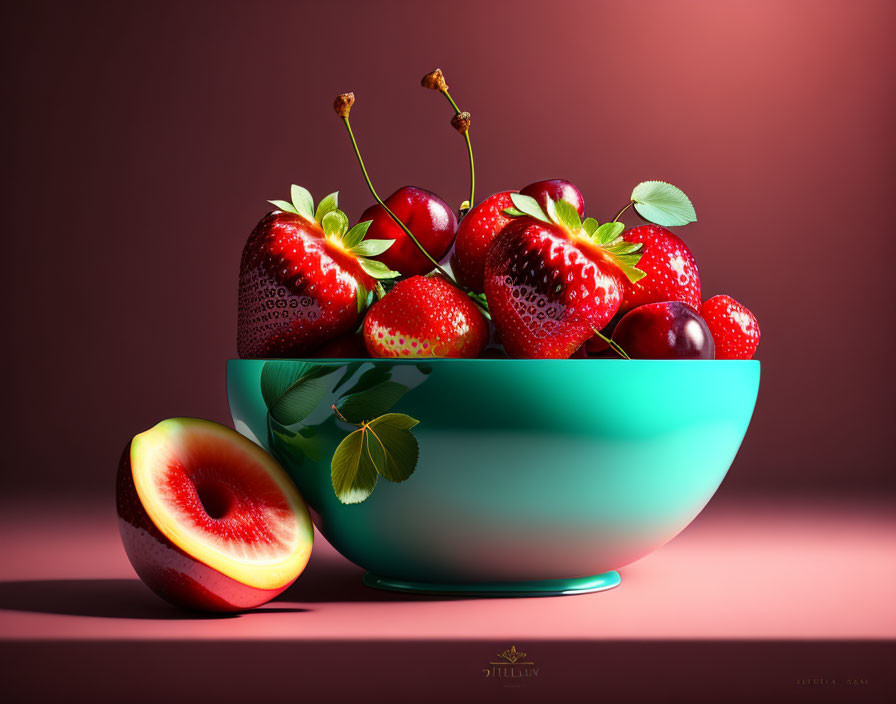 Colorful Still Life with Strawberries, Cherries, and Plum in Teal Bowl