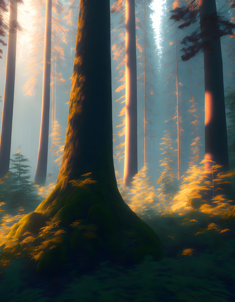 Sunlit Forest Scene with Tall Trees and Prominent Trunk